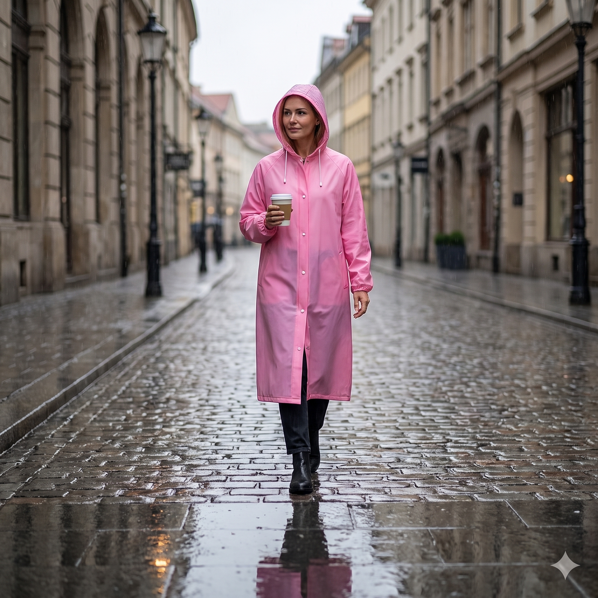 Veste de pluie longue portée en ville sous la pluie