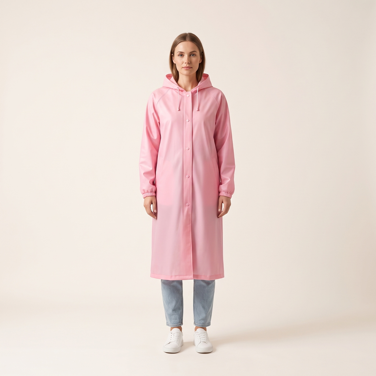 Veste de pluie longue rose portée