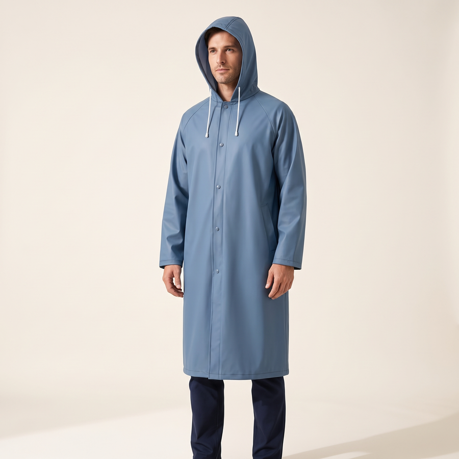 Veste de pluie longue bleue portée capuche relevée
