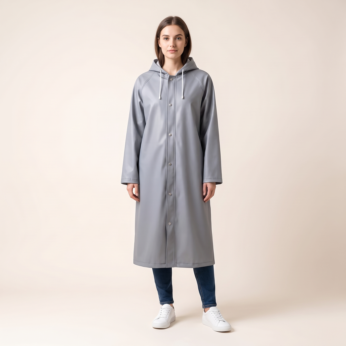 Veste de pluie longue grise portée, fermée par des boutons-pression