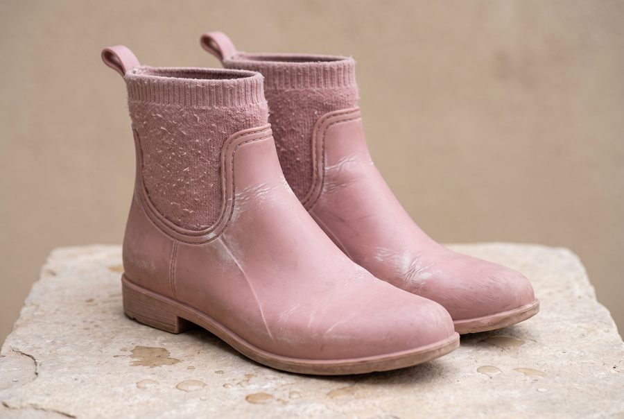 Bottes de pluie bas de gamme abîmées (illustration)