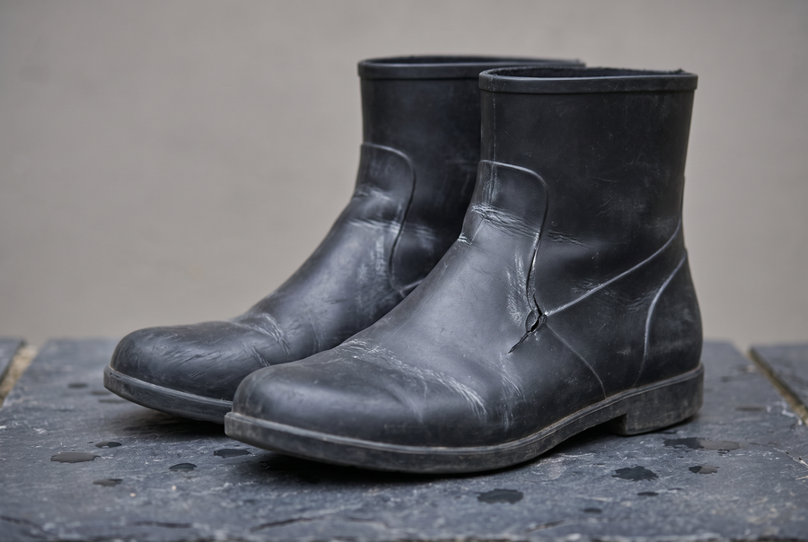 Bottes de pluie bas de gamme abîmées (illustration)