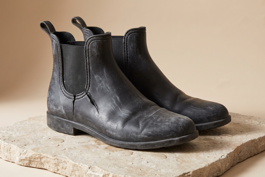 Bottes de pluie bas de gamme abîmées (illustration)