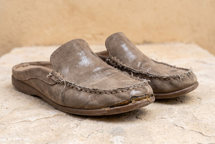 Sabots mocassins bas de gamme abîmés (illustration)
