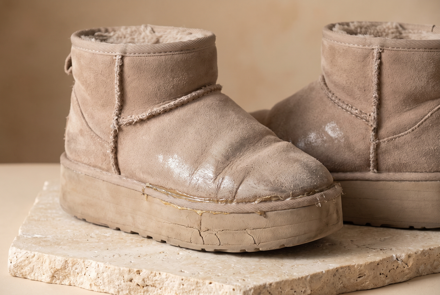 Bottes fourrées bas de gamme abîmées (illustration)